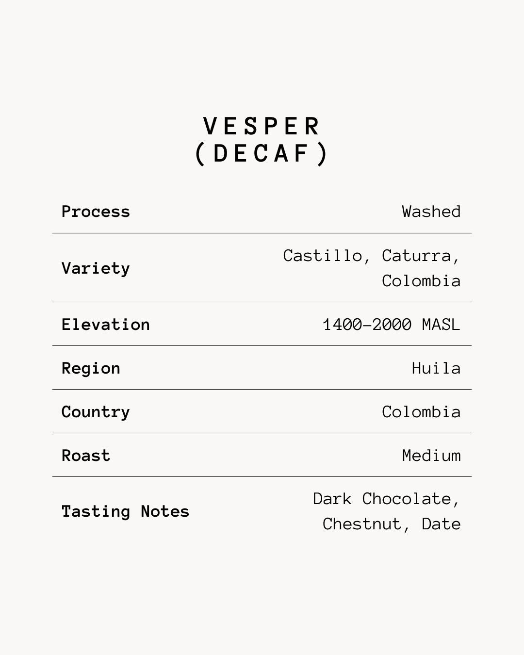 Vesper - Decaf Colombia Single Origin